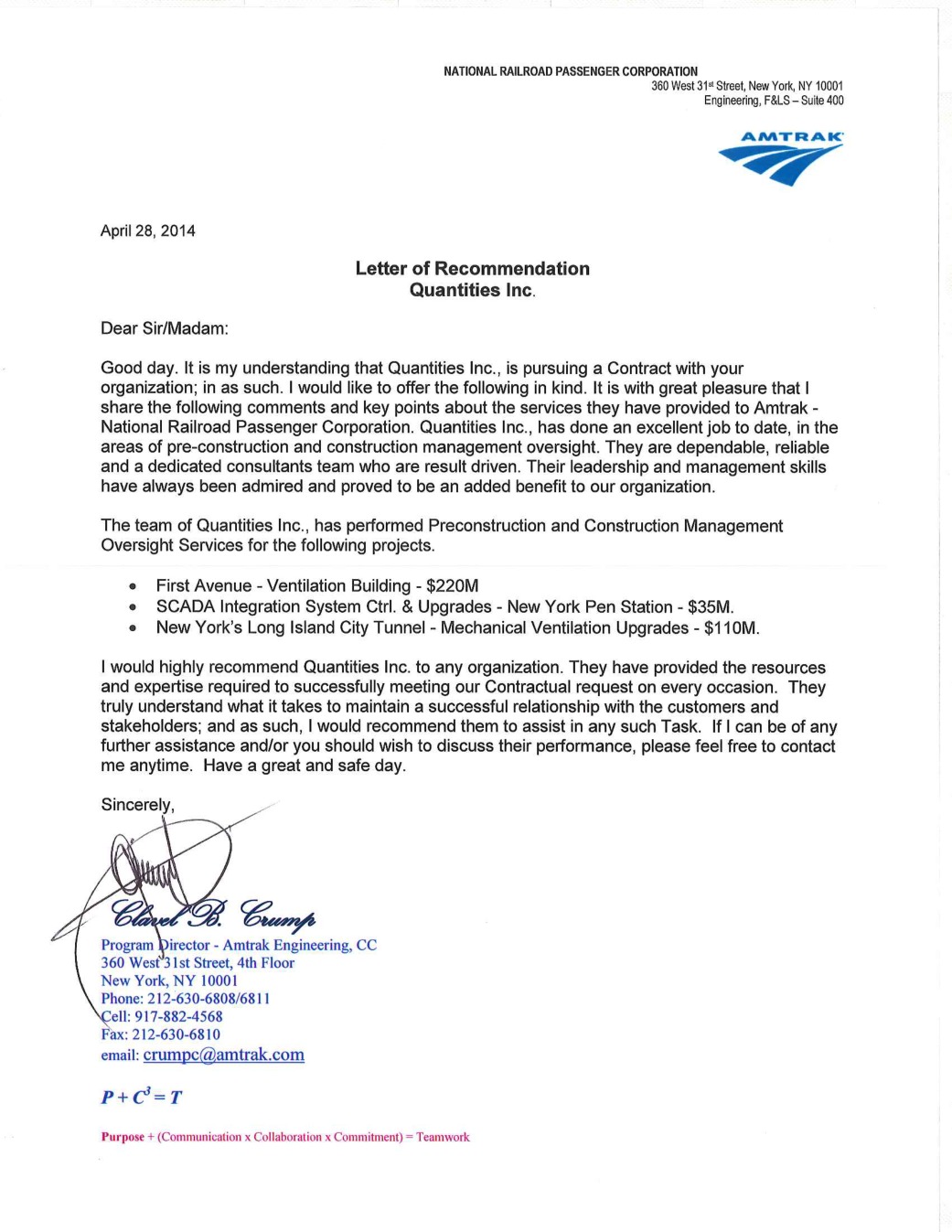 Signed recommendation from Amtrak