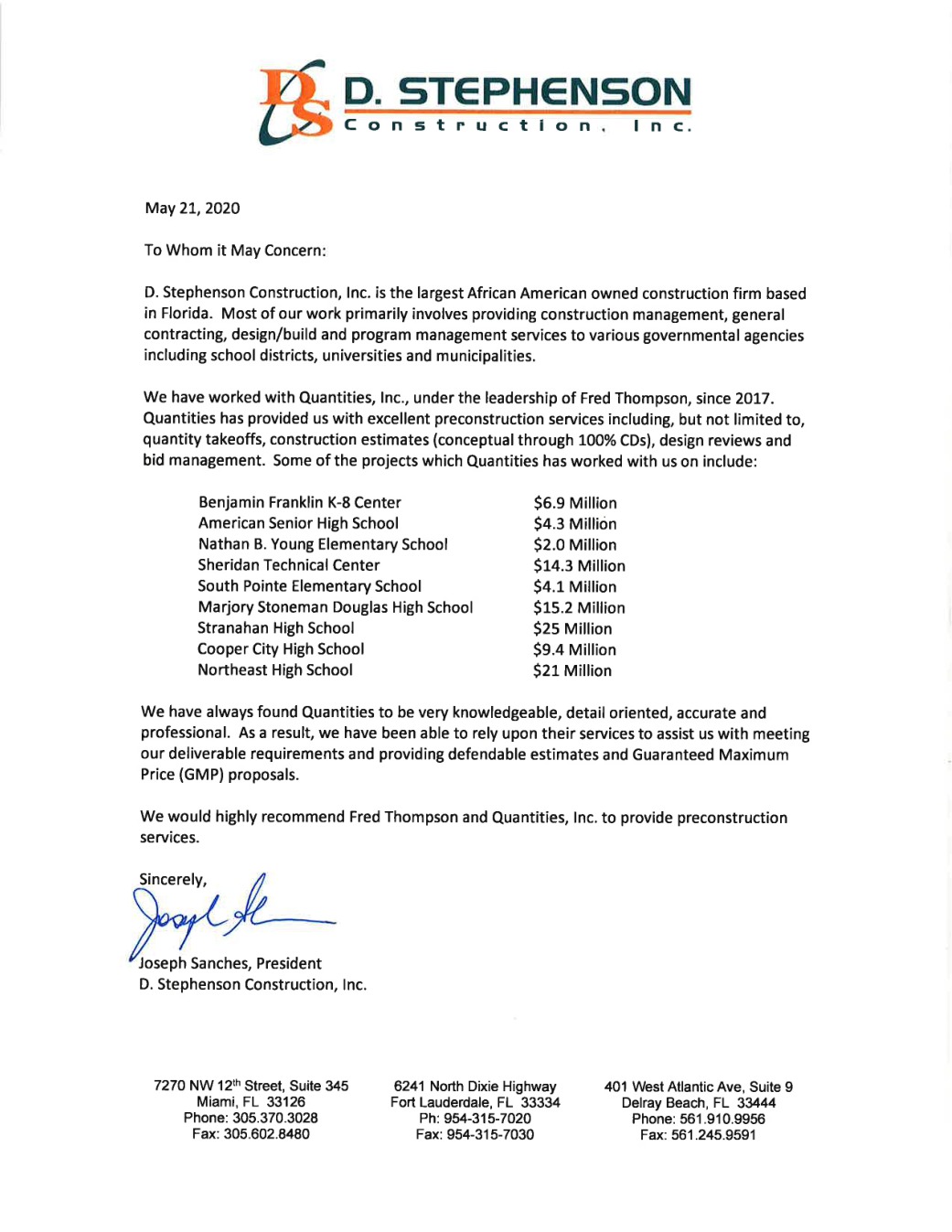 Signed recommendation from D. Stephenson Construction