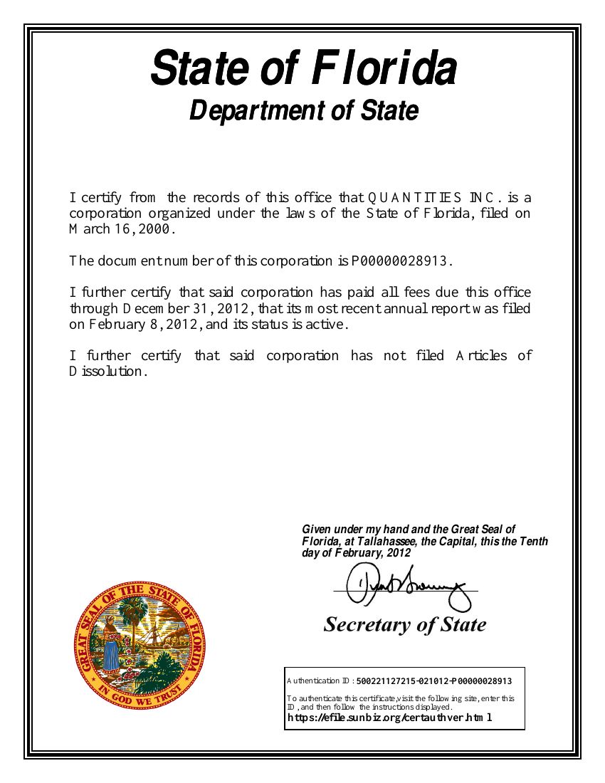 Florida corporate status certificate