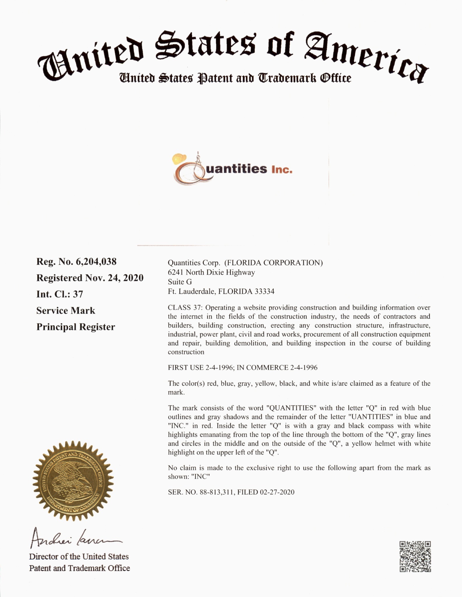 USPTO registration certificate for the Quantities Inc. logo, Registration No. 6,204,038